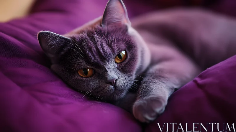 Grey Cat with Orange Eyes on Plush Purple Bed AI Image