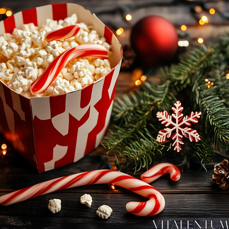 Holiday Popcorn Bowl with Candy Canes and Festive Decor AI Image