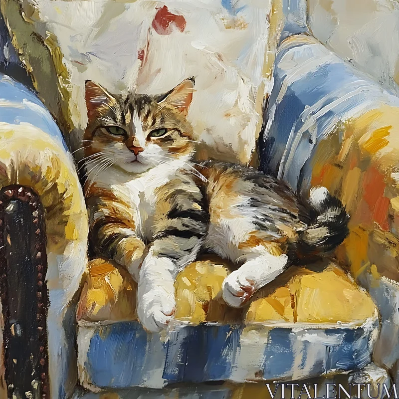 Serene Cat Lounging on Artistic Armchair AI Image