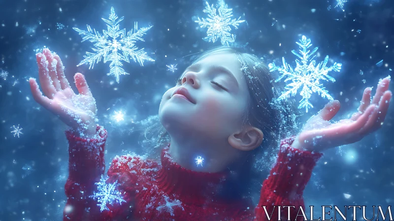 Young Girl Enjoying Snowflakes in Winter AI Image