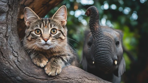 Cute Cat and Baby Elephant Amongst Nature