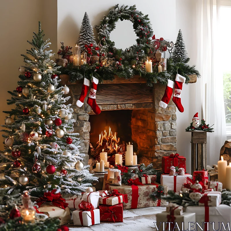 Christmas Fireplace and Tree Setting AI Image