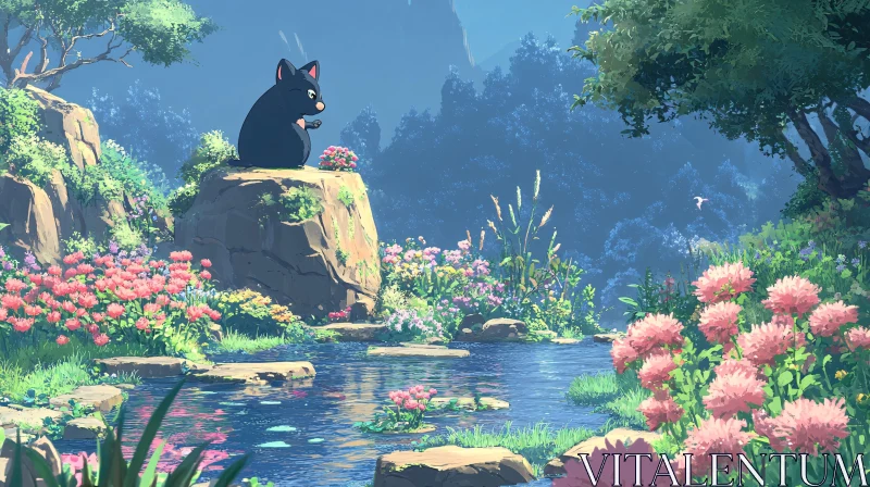 Serene Cartoon Cat in Flowering Forest AI Image