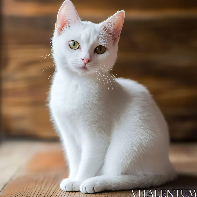 Serene White Cat Seated Indoors with Green Eyes AI Image