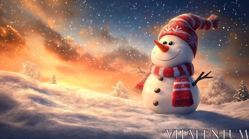 Winter Snowman at Sunset AI Image