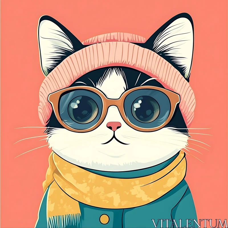 Fashionable Cat with Sunglasses, Beanie, and Scarf AI Image