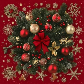 Holiday Wreath with Red Bow and Ornaments