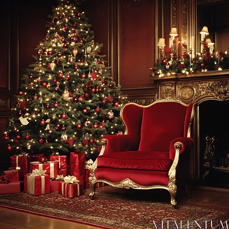 Festive Living Room with Christmas Decor and Gifts AI Image