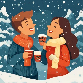 Festive Winter Scene with Smiling Couple