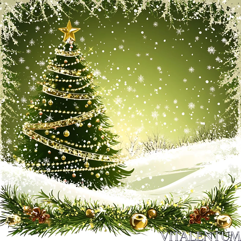 Holiday Christmas Tree with Snowfall AI Image