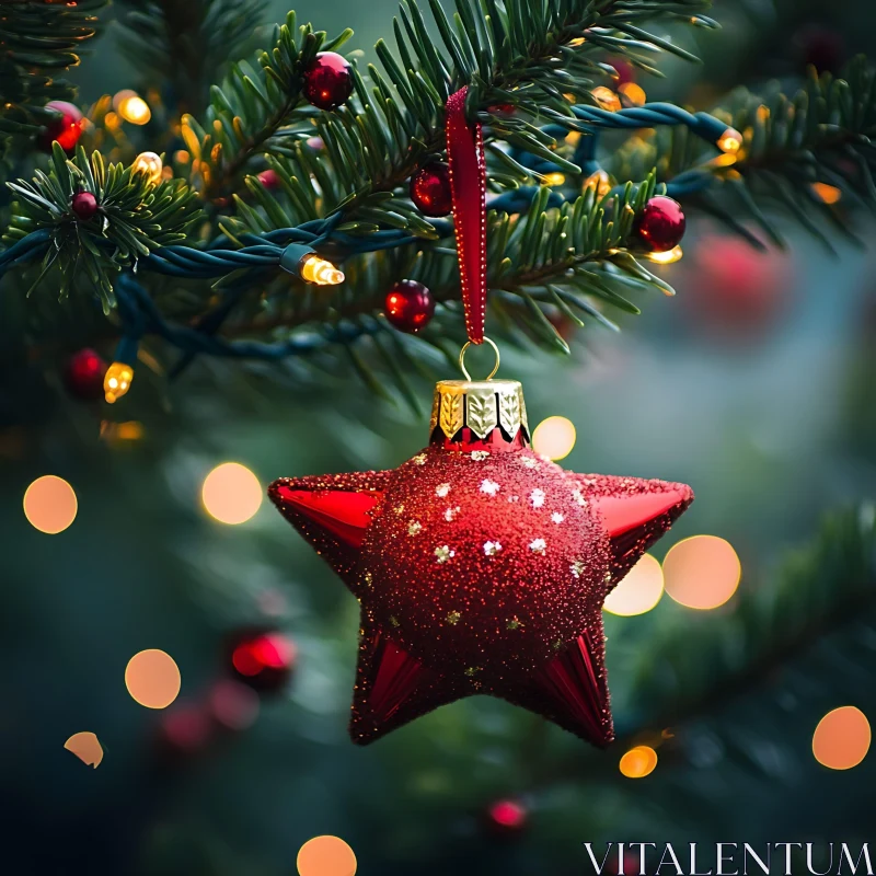 Glittering Red Star Hanging from Christmas Tree AI Image