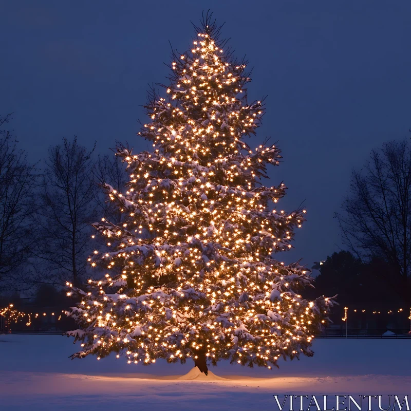 Festive Tree in Snowy Winter Night AI Image