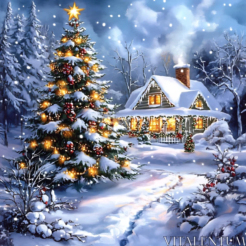 Cozy Snowy Cabin With Decorated Christmas Tree AI Image