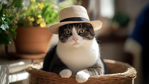 Cute Cat Wearing a Hat in Basket with Plants