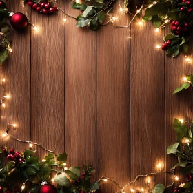 Christmas Ornaments and Holly on Wooden Background