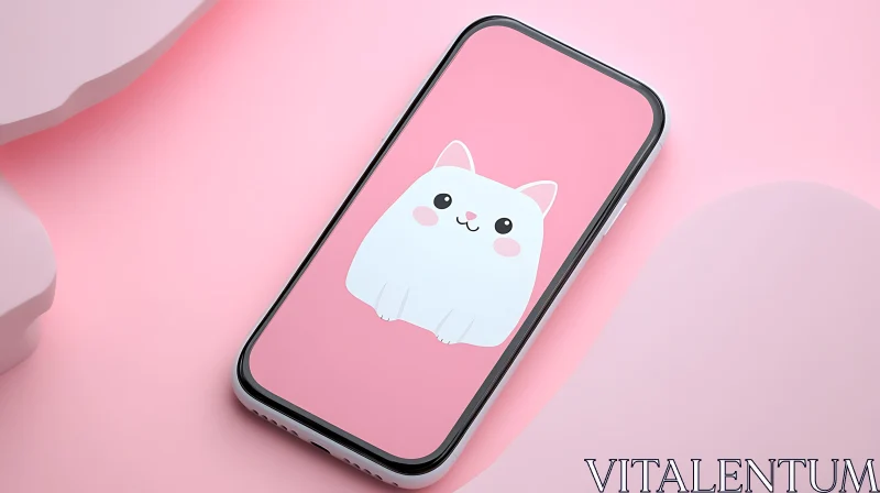 Cute Cat Artwork on Mobile Phone AI Image