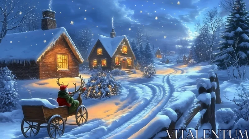 Tranquil Snowy Night with Festive Sleigh and Cottages AI Image