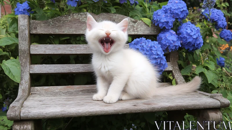 Cute White Kitten Yawning in Garden beside Blue Flowers AI Image