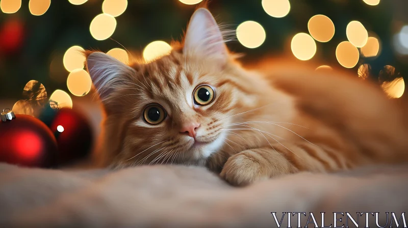 Festive Ginger Cat with Holiday Lights AI Image