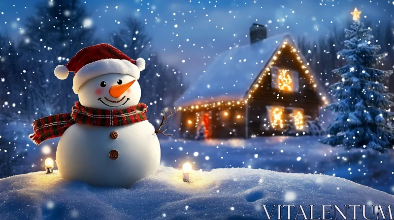 AI ART Winter Holiday Scene with Snowman and Cozy Cabin