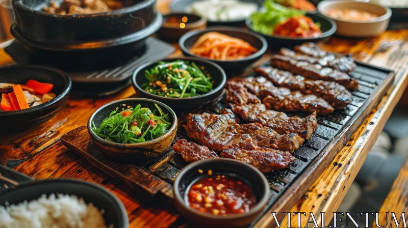 Delicious Korean Food on a Wooden Table | Grilled Beef, Kimchi, and More AI Image