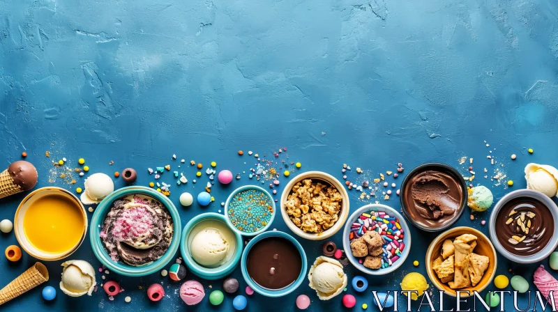 Delightful Ice Cream Flavors and Toppings in Bowls on a Blue Background AI Image