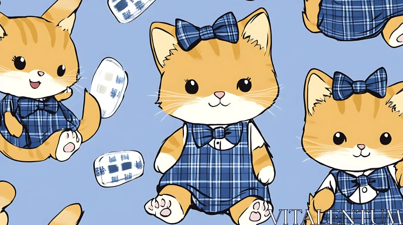 Adorable Illustrated Kittens in Matching Blue Dresses AI Image