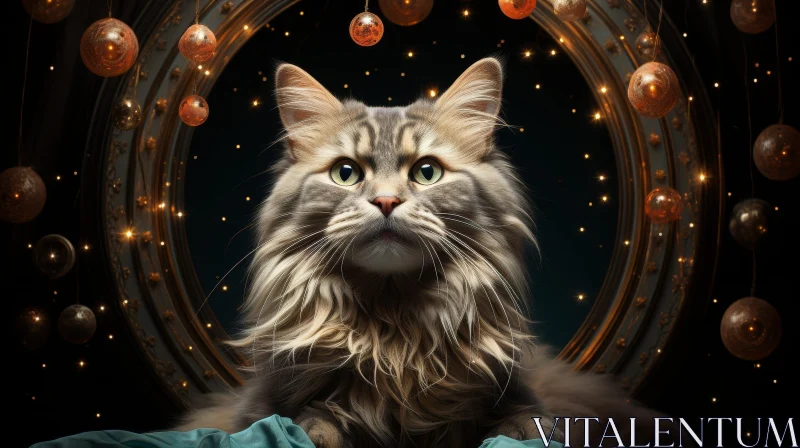 Maine Coon Cat Portrait in Golden Frame AI Image