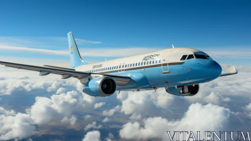 Modern Passenger Airplane Flying in Blue Sky AI Image