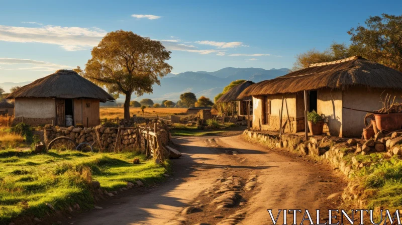 Serene Thatched Huts on a Rustic Dirt Road - A Captivating Nature Scene AI Image