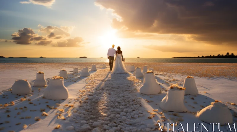 Snowy Beach Wedding: Bride and Groom against a Sunset Backdrop AI Image