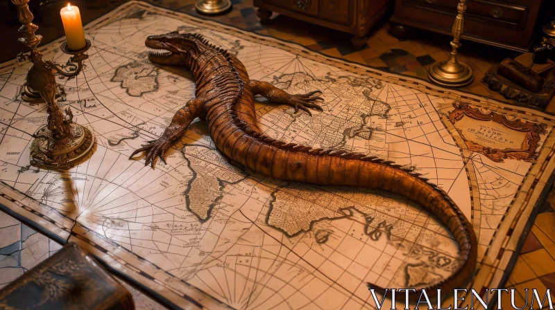 Stuffed Monitor Lizard on Detailed World Map AI Image