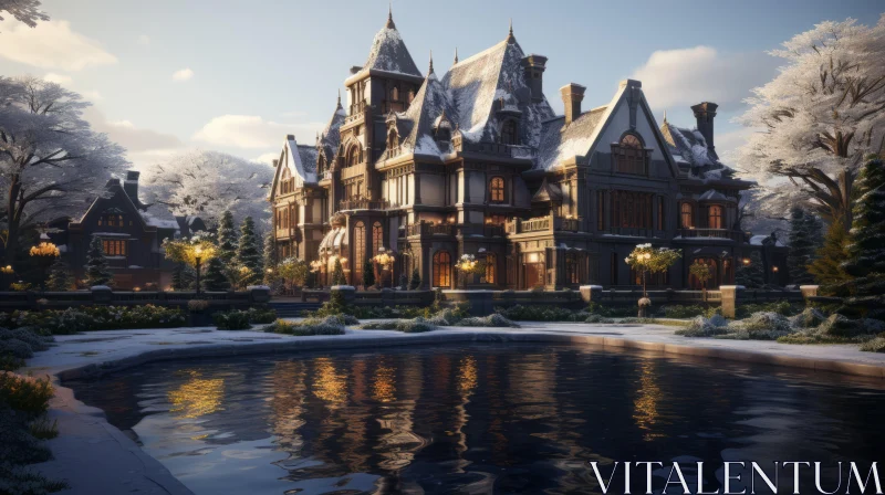 Winter Villa in Gothic Revival Style: A Hyper-Detailed and Luxurious Rendering AI Image