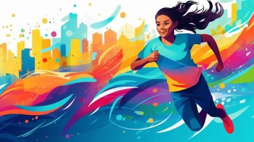 Young Woman Running in City Illustration