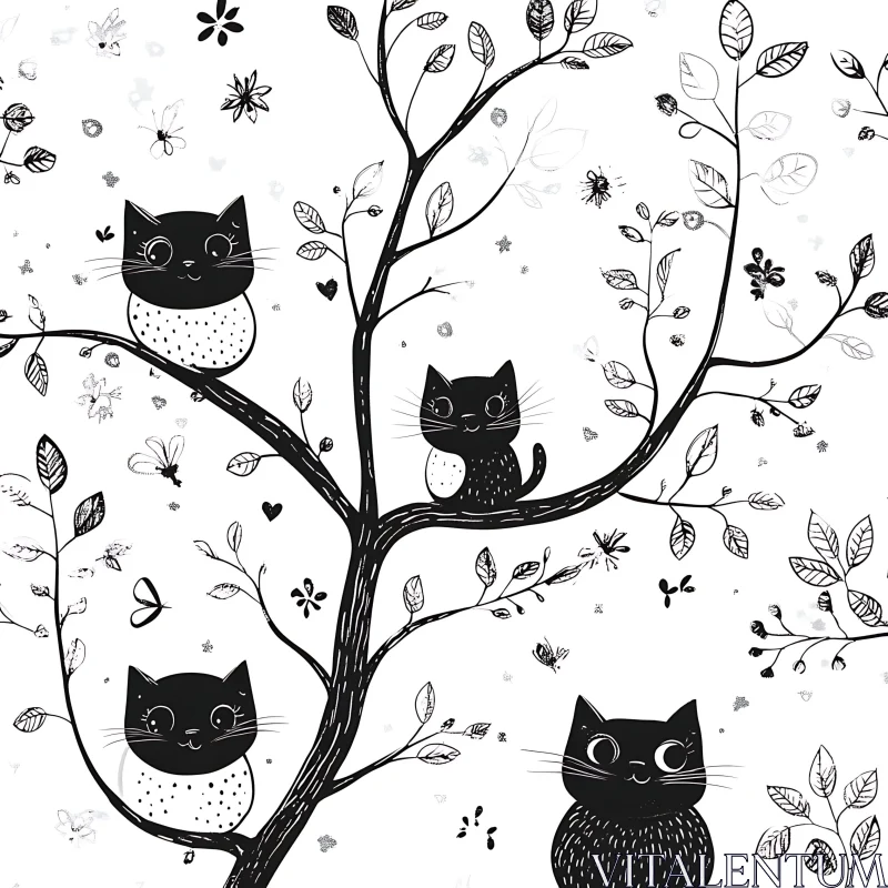 Cartoon Black Cats on Tree Branches Drawing AI Image