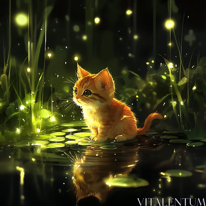 Magical Night Scene with Kitten and Fireflies AI Image