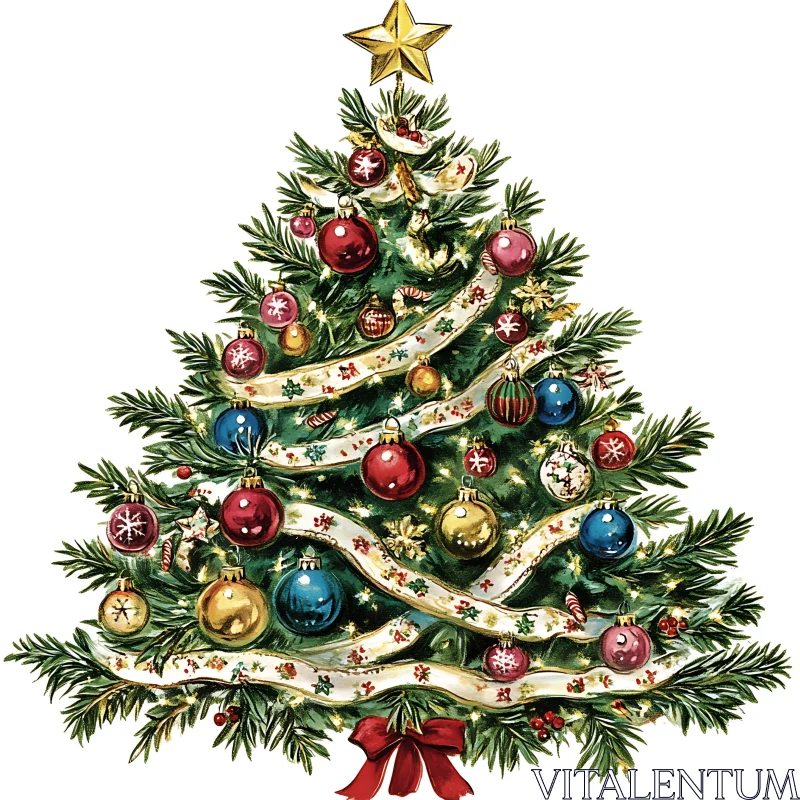 Holiday Evergreen with Multicolored Baubles and Ribbon AI Image