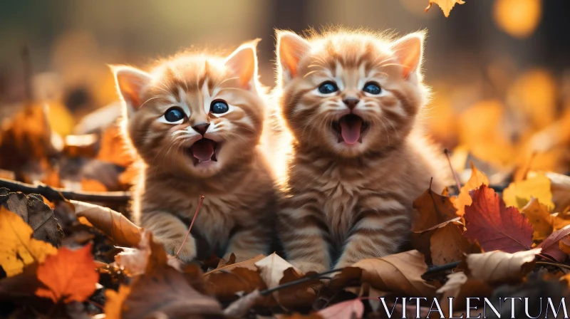Adorable Ginger Kittens in Forest Leaves AI Image
