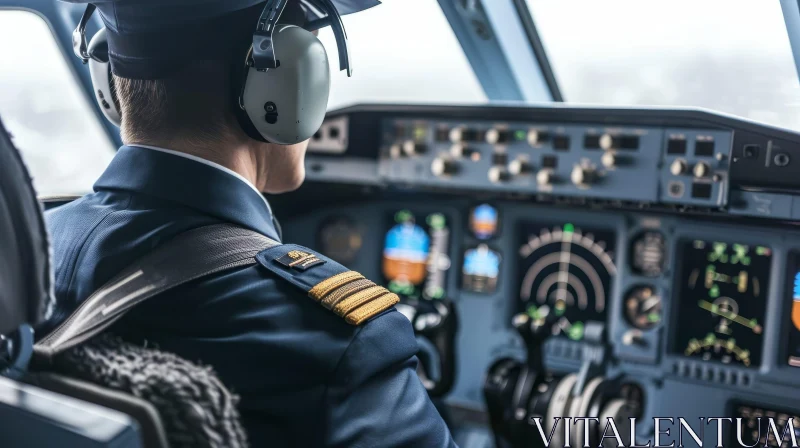 Airplane Pilot in Blue Uniform at Cockpit AI Image