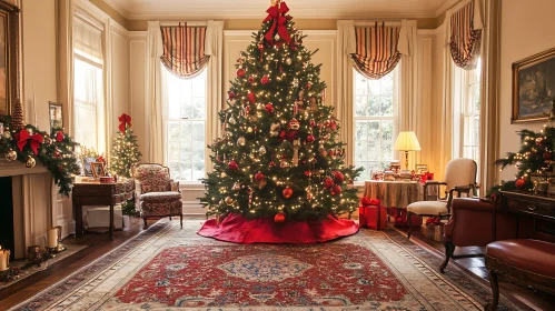 Festive Holiday Living Room with Christmas Tree