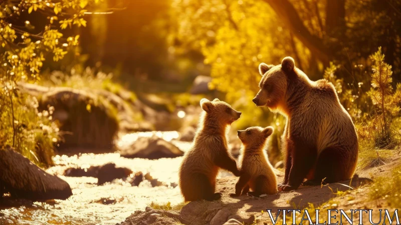 Captivating Nature Image: Mother Bear and Cubs in a Serene Forest AI Image
