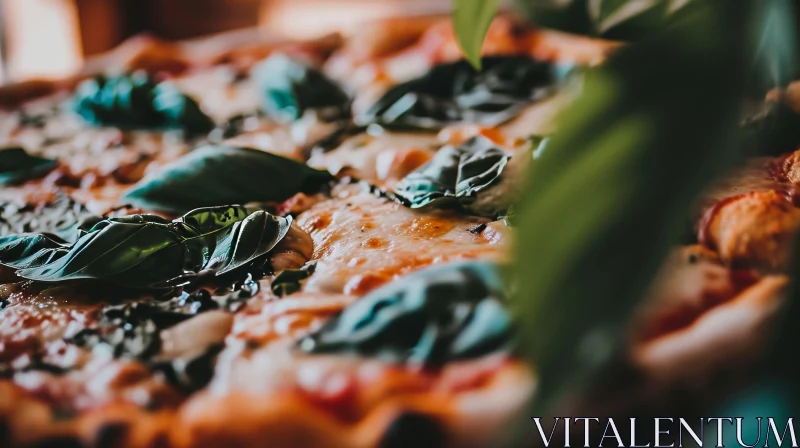 Delicious Pizza with Fresh Basil Leaves on a Wooden Table AI Image