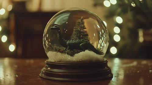 Festive Dinosaur Snow Globe with Pine Tree