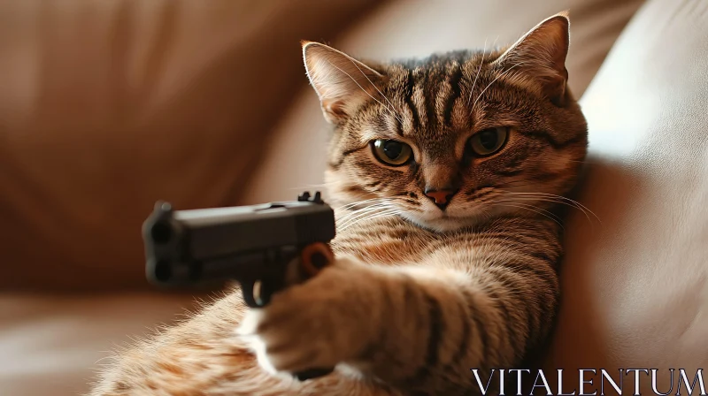 Feline with Gun on Couch AI Image