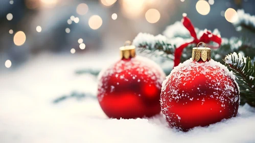 Festive Snow-Covered Red Ornaments