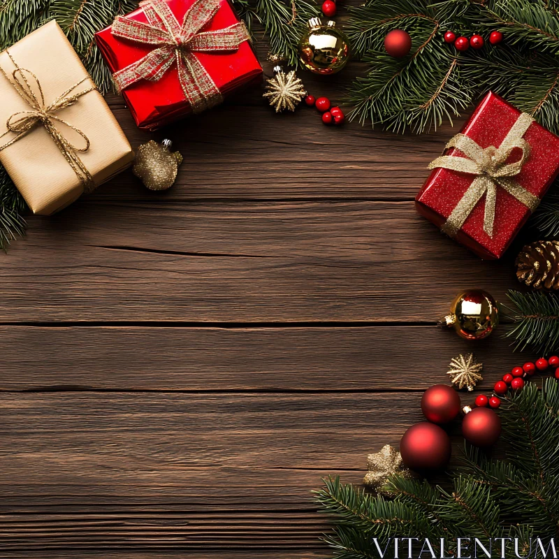 AI ART Christmas Gifts and Decor on Wooden Background