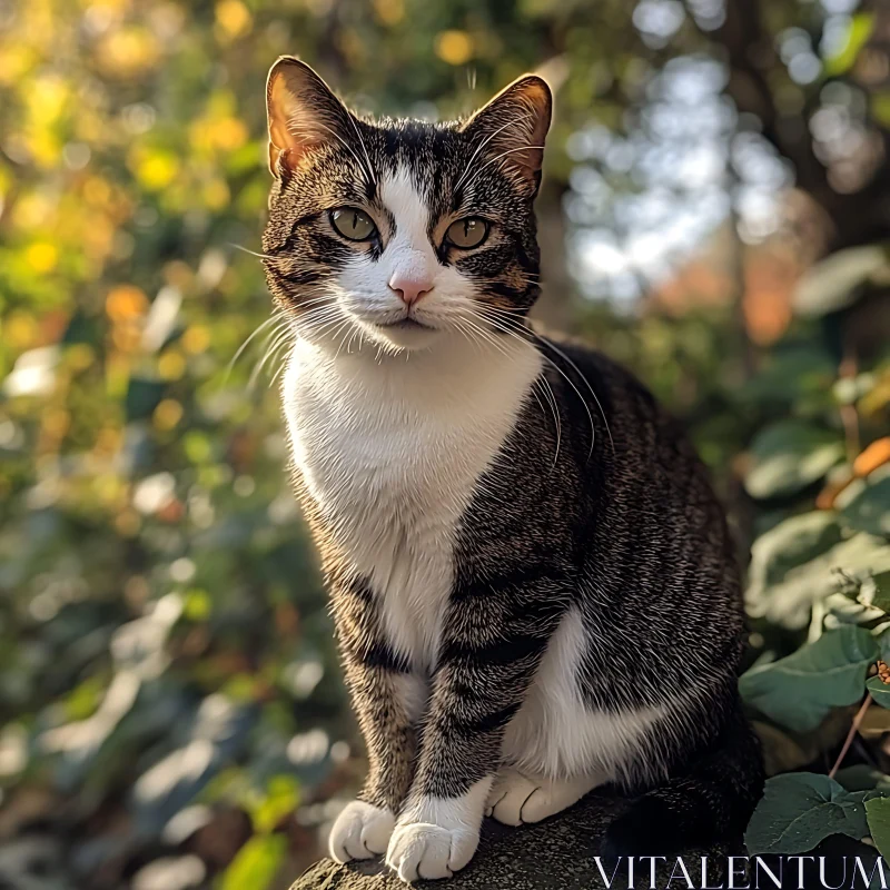 Beautiful Cat in Sunlit Forest AI Image