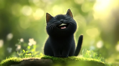 Cheerful Black Kitten in Sunlit Greenery