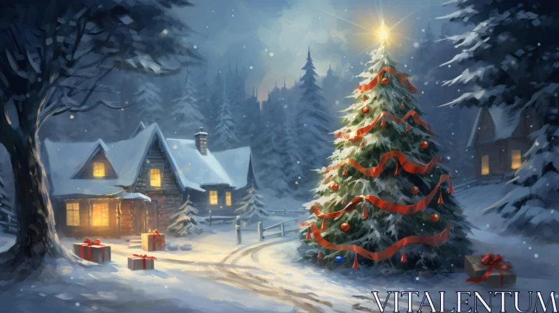 Serene Snowy Night with Decorated Christmas Tree and Cabin AI Image