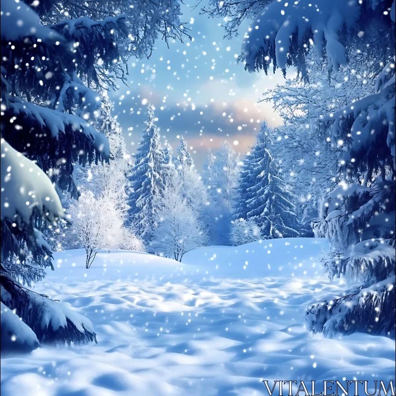 AI ART Snow-Covered Pine Trees and Gentle Snowfall Scene